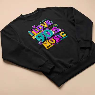 Colorful pop art of a retro cassette tape with text I Love 90s Music — printed on a unisex sweatshirt