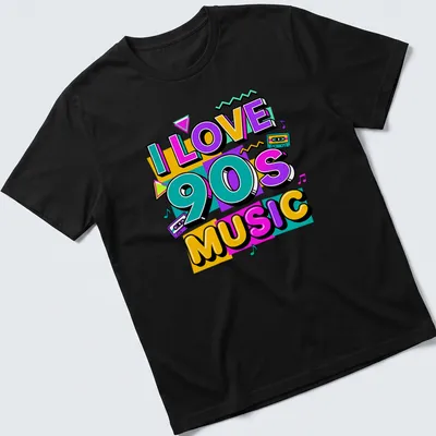 Colorful pop art of a retro cassette tape with text I Love 90s Music