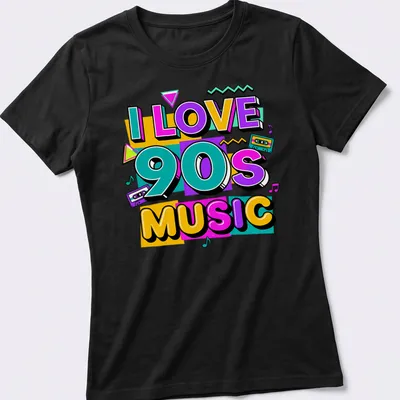 Colorful pop art of a retro cassette tape with text I Love 90s Music — printed on a women's shirt