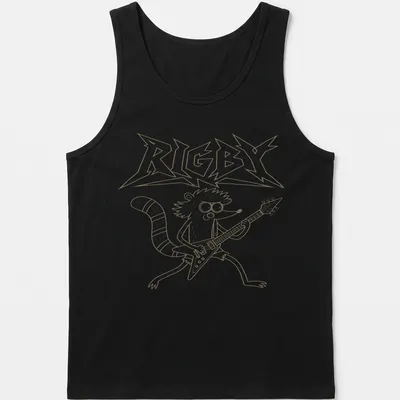 Cartoon raccoon playing a Flying V guitar with the text RIGBY above. — printed on a tank top