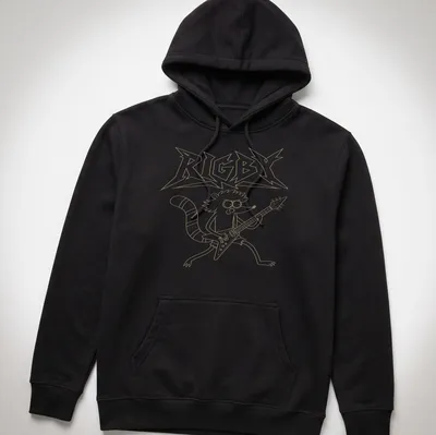 Cartoon raccoon playing a Flying V guitar with the text RIGBY above. — printed on a unisex hoodie