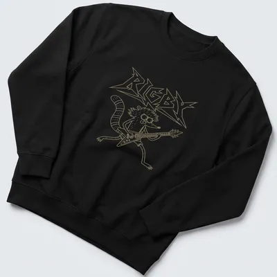 Cartoon raccoon playing a Flying V guitar with the text RIGBY above. — printed on a unisex sweatshirt