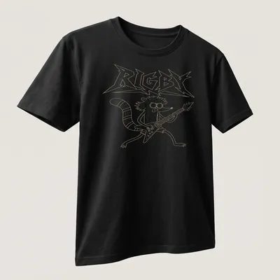 Cartoon raccoon playing a Flying V guitar with the text RIGBY above. — printed on a unisex t-shirt (angled view)