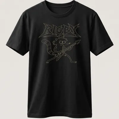 Cartoon raccoon playing a Flying V guitar with the text RIGBY above.
