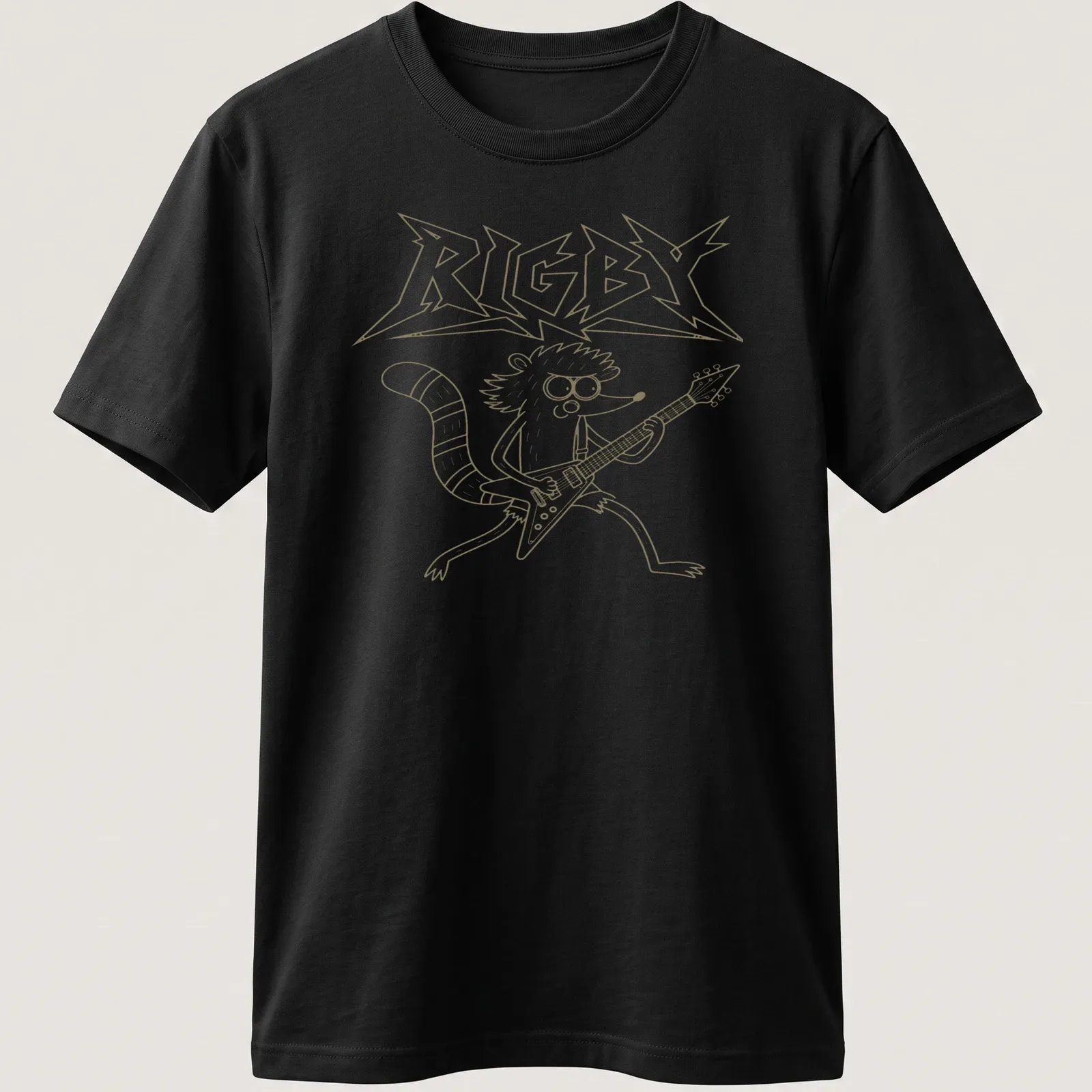Cartoon raccoon playing a Flying V guitar with the text RIGBY above. — printed on a unisex t-shirt