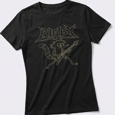 Cartoon raccoon playing a Flying V guitar with the text RIGBY above. — printed on a women's shirt