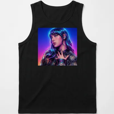 Vibrant comic book rockstar character in blue, purple, pink, and black design — printed on a tank top