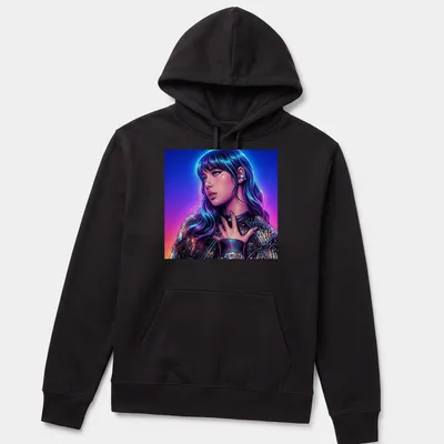 Vibrant comic book rockstar character in blue, purple, pink, and black design — printed on a unisex hoodie