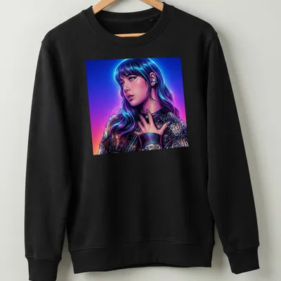 Vibrant comic book rockstar character in blue, purple, pink, and black design — printed on a unisex sweatshirt