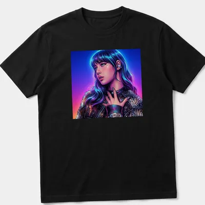 Vibrant comic book rockstar character in blue, purple, pink, and black design