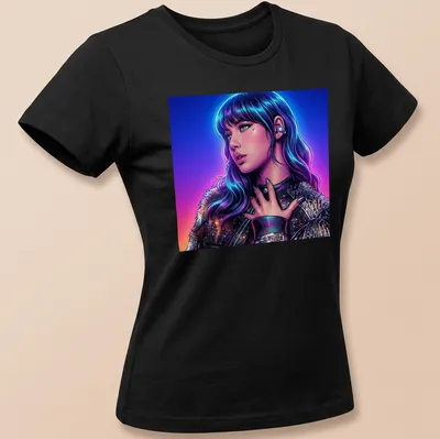 Vibrant comic book rockstar character in blue, purple, pink, and black design — printed on a women's shirt