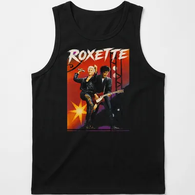 Vibrant illustration of Roxette performing, featuring bold lettering and colorful accents. — printed on a tank top