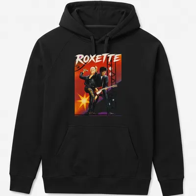 Vibrant illustration of Roxette performing, featuring bold lettering and colorful accents. — printed on a unisex hoodie