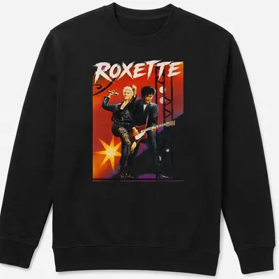 Vibrant illustration of Roxette performing, featuring bold lettering and colorful accents. — printed on a unisex sweatshirt