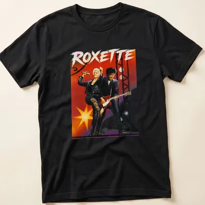 Vibrant illustration of Roxette performing, featuring bold lettering and colorful accents.