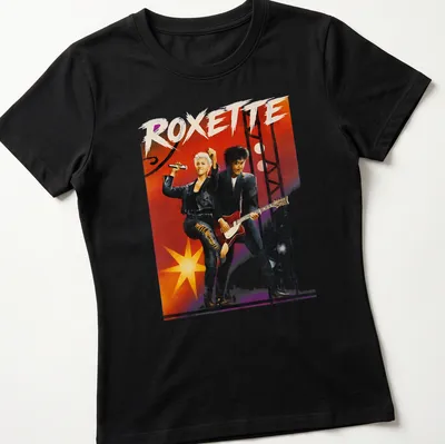 Vibrant illustration of Roxette performing, featuring bold lettering and colorful accents. — printed on a women's shirt
