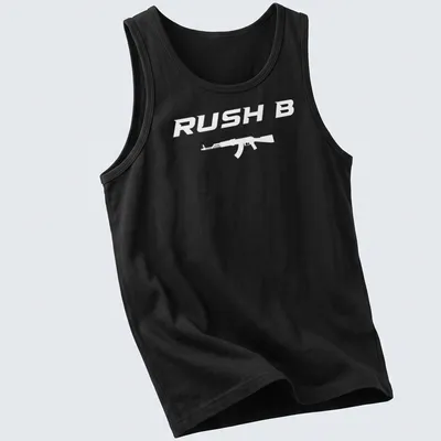 Bold white Rush B graphic with assault rifle on a gaming — printed on a tank top