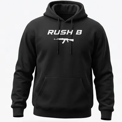 Bold white Rush B graphic with assault rifle on a gaming — printed on a unisex hoodie