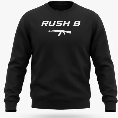 Bold white Rush B graphic with assault rifle on a gaming — printed on a unisex sweatshirt