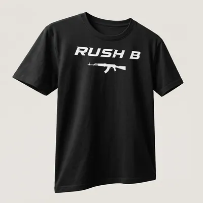 Bold white Rush B graphic with assault rifle on a gaming — printed on a unisex t-shirt (angled view)