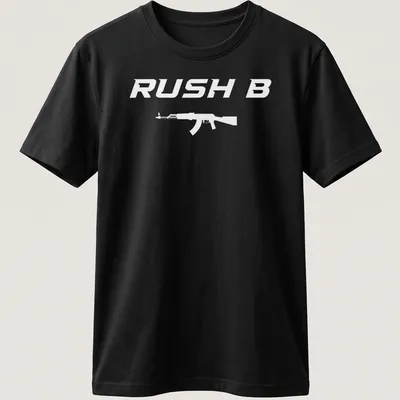 Bold white Rush B graphic with assault rifle on a gaming t-shirt