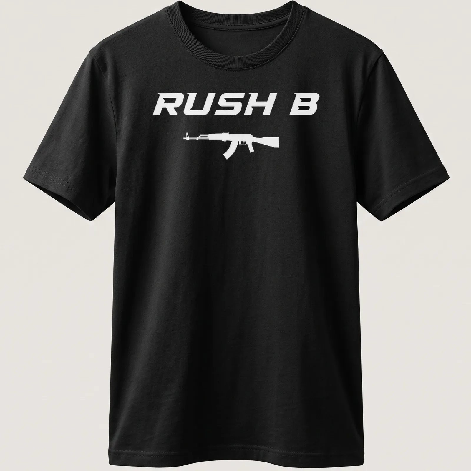 Bold white Rush B graphic with assault rifle on a gaming — printed on a unisex t-shirt