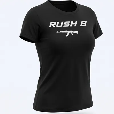 Bold white Rush B graphic with assault rifle on a gaming — printed on a women's shirt