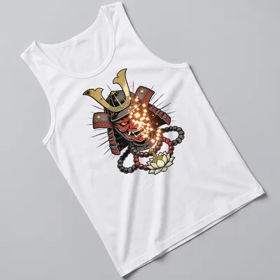 Bold graphic Samurai warrior mask t-shirt in red, black, gold, and orange — printed on a tank top
