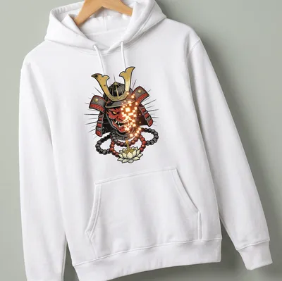 Bold graphic Samurai warrior mask t-shirt in red, black, gold, and orange — printed on a unisex hoodie