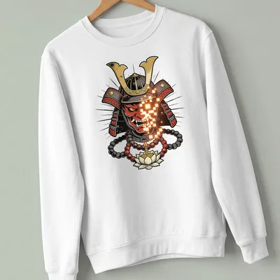 Bold graphic Samurai warrior mask t-shirt in red, black, gold, and orange — printed on a unisex sweatshirt