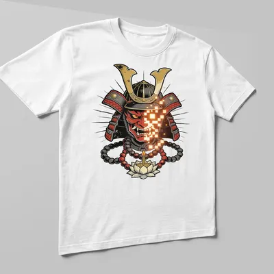 Bold graphic Samurai warrior mask t-shirt in red, black, gold, and orange — printed on a unisex t-shirt (angled view)