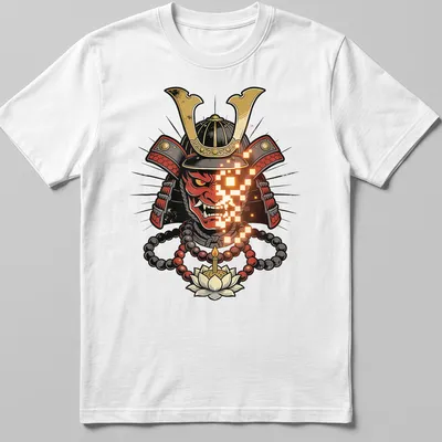 Bold graphic Samurai warrior mask t-shirt in red, black, gold, and orange