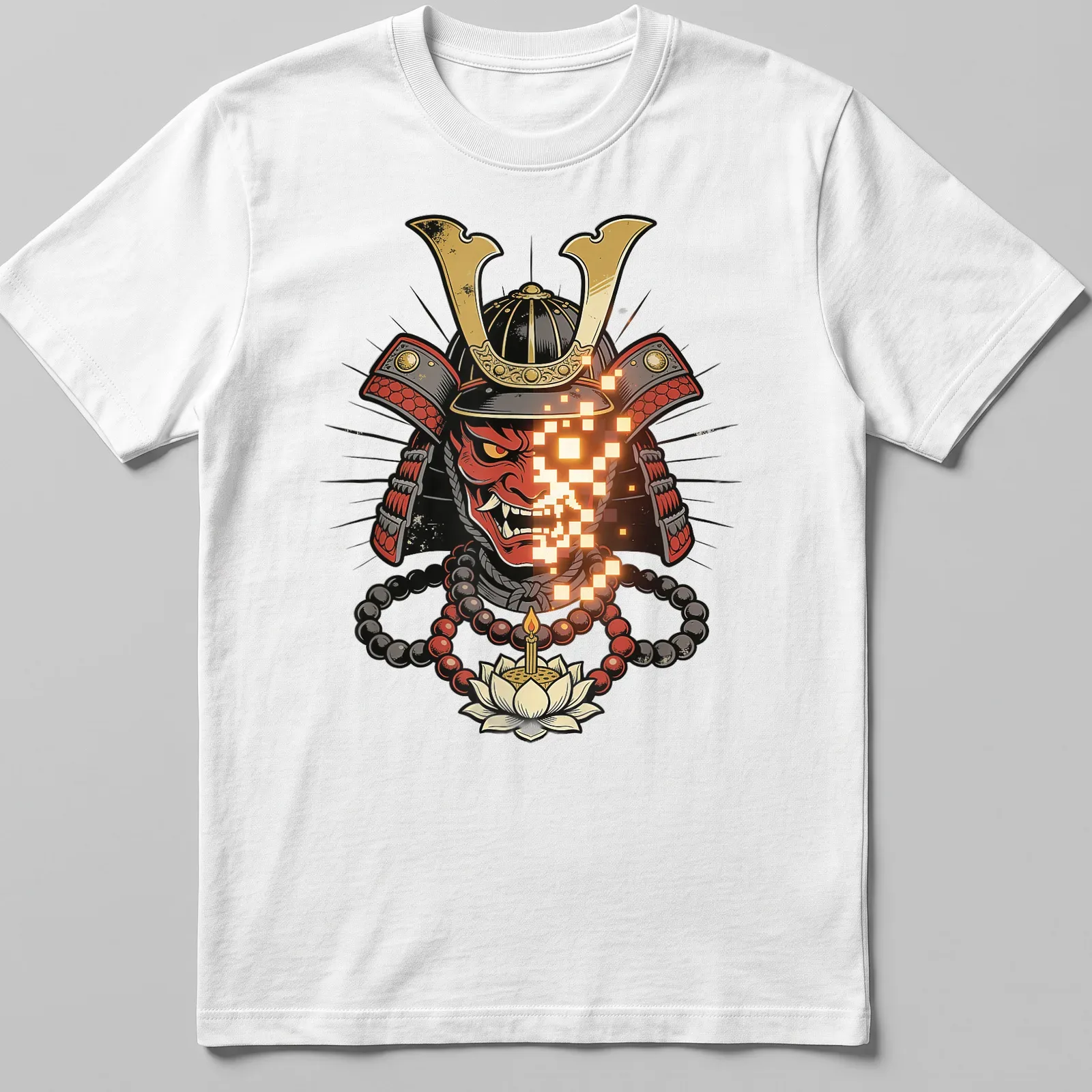 Bold graphic Samurai warrior mask t-shirt in red, black, gold, and orange — printed on a unisex t-shirt