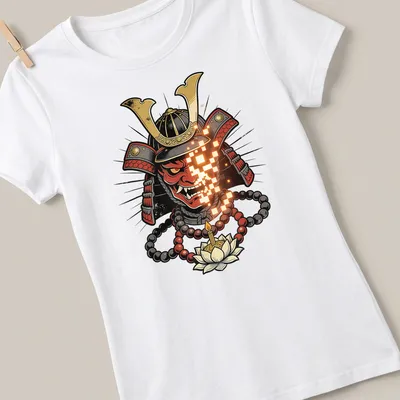 Bold graphic Samurai warrior mask t-shirt in red, black, gold, and orange — printed on a women's shirt