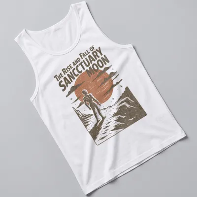 Retro astronaut design with the phrase 'The Rise and Fall of Sanctuary Moon' in warm tones. — printed on a tank top