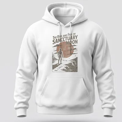 Retro astronaut design with the phrase 'The Rise and Fall of Sanctuary Moon' in warm tones. — printed on a unisex hoodie