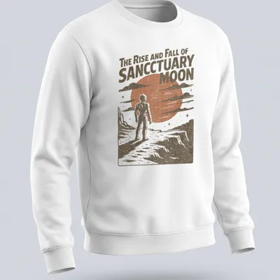 Retro astronaut design with the phrase 'The Rise and Fall of Sanctuary Moon' in warm tones. — printed on a unisex sweatshirt