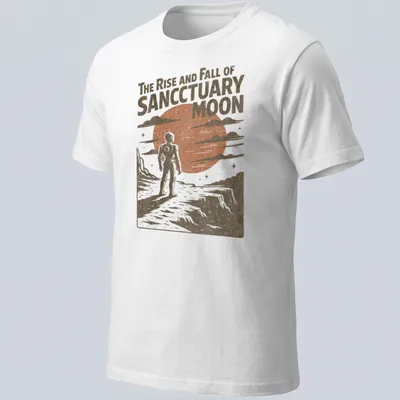 Retro astronaut design with the phrase 'The Rise and Fall of Sanctuary Moon' in warm tones.