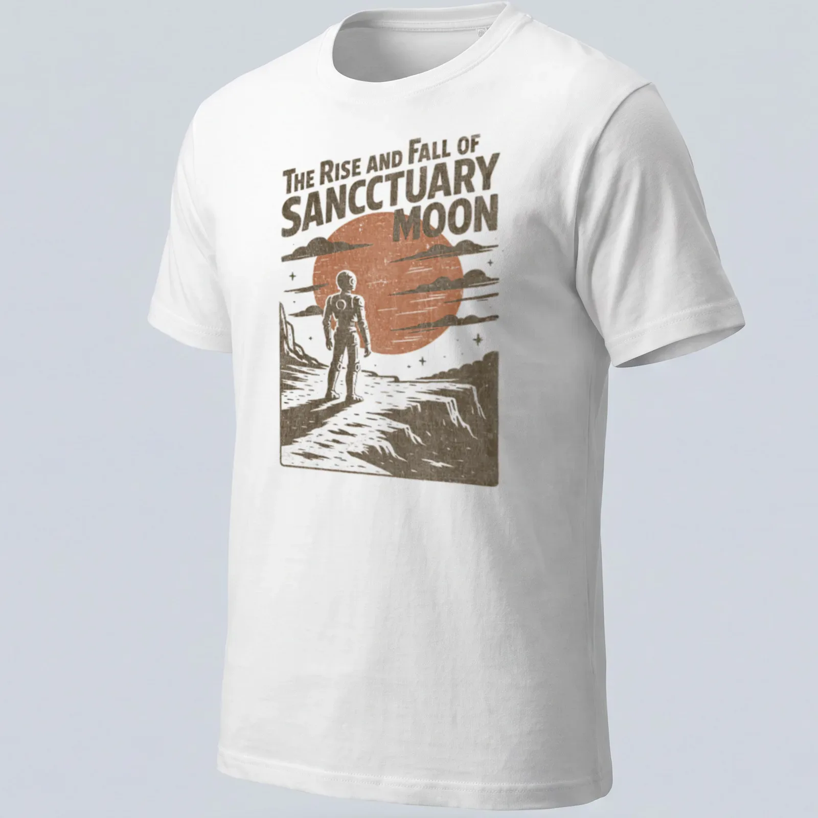 Retro astronaut design with the phrase 'The Rise and Fall of Sanctuary Moon' in warm tones. — printed on a unisex t-shirt