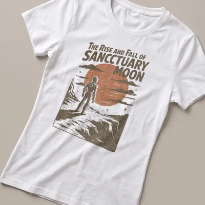 Retro astronaut design with the phrase 'The Rise and Fall of Sanctuary Moon' in warm tones. — printed on a women's shirt
