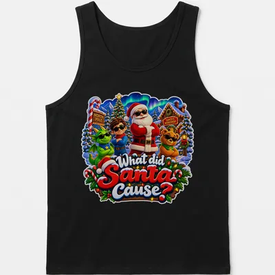 Colorful festive Santa Claus t-shirt with playful text and holiday theme — printed on a tank top