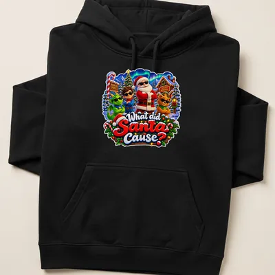 Colorful festive Santa Claus t-shirt with playful text and holiday theme — printed on a unisex hoodie