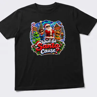 Colorful festive Santa Claus t-shirt with playful text and holiday theme