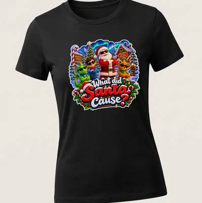Colorful festive Santa Claus t-shirt with playful text and holiday theme — printed on a women's shirt