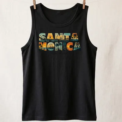 Vintage retro Santa Monica State Beach t-shirt featuring pier design — printed on a tank top