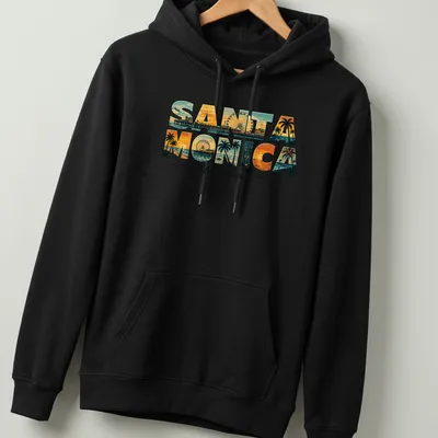 Vintage retro Santa Monica State Beach t-shirt featuring pier design — printed on a unisex hoodie