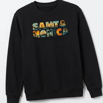 Vintage retro Santa Monica State Beach t-shirt featuring pier design — printed on a unisex sweatshirt