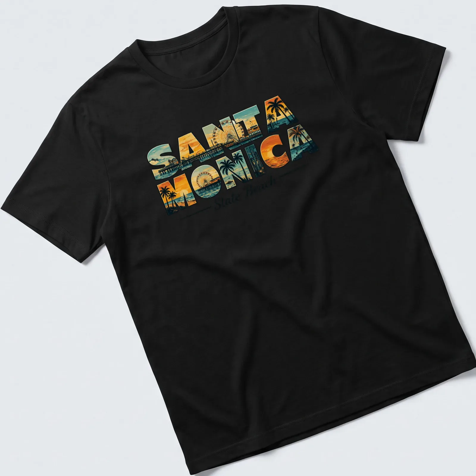 Vintage retro Santa Monica State Beach t-shirt featuring pier design — printed on a unisex t-shirt