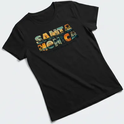 Vintage retro Santa Monica State Beach t-shirt featuring pier design — printed on a women's shirt