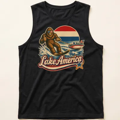 Vintage retro Sasquatch water skiing design with Lake America text — printed on a tank top